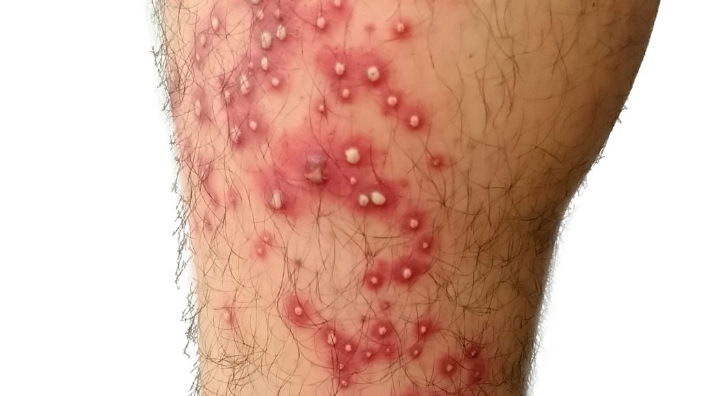 a person's leg experiencing hidradenitis suppurativa flare-ups, characterized by red spots.