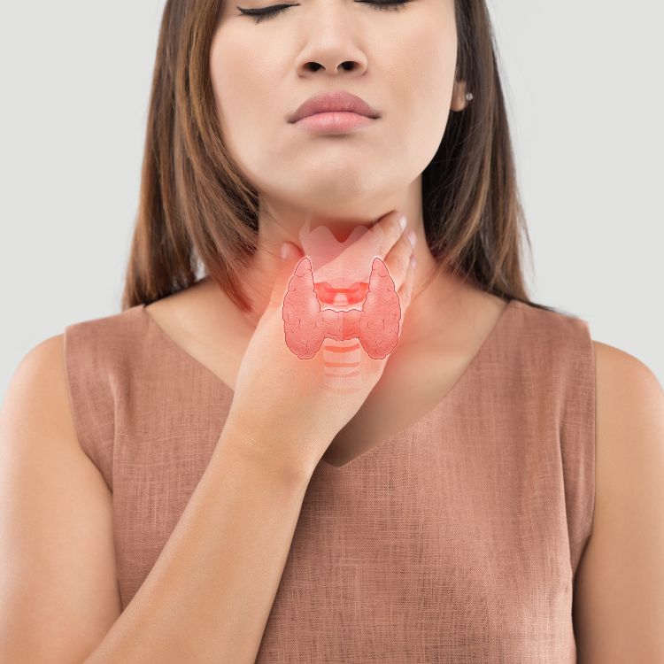 a woman showing signs of discomfort with her hand on her throat likely indicates a possible condition related to hidradenitis suppurativa causes.