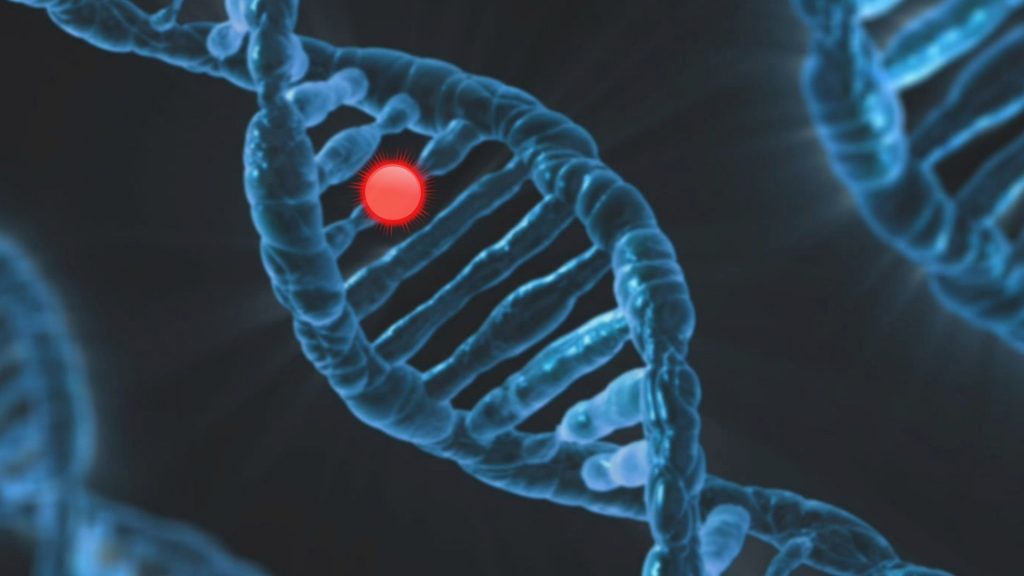 a dna strand with a red circle, indicating potential hidradenitis suppurativa causes.