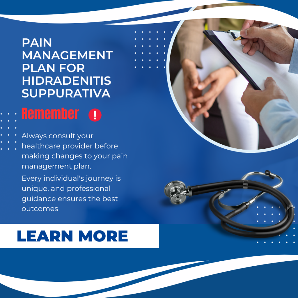 graphic about pain management strategies for hidradenitis suppurativa with text, an image of a doctor holding a tablet advising a patient, and a stethoscope on the table.