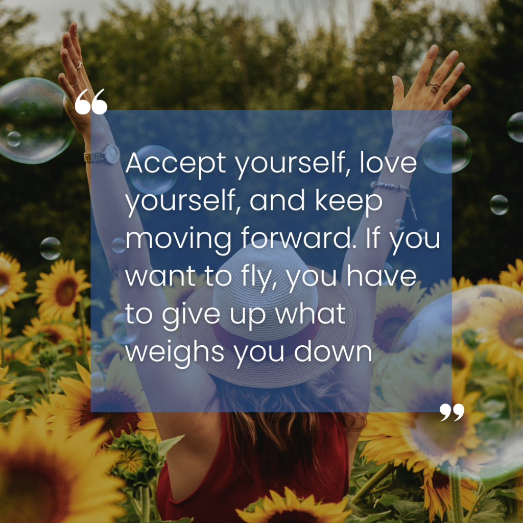person with arms raised amidst sunflowers, with a motivational quote about self-acceptance and moving forward despite the stress of hidradenitis suppurativa overlaid on the image.