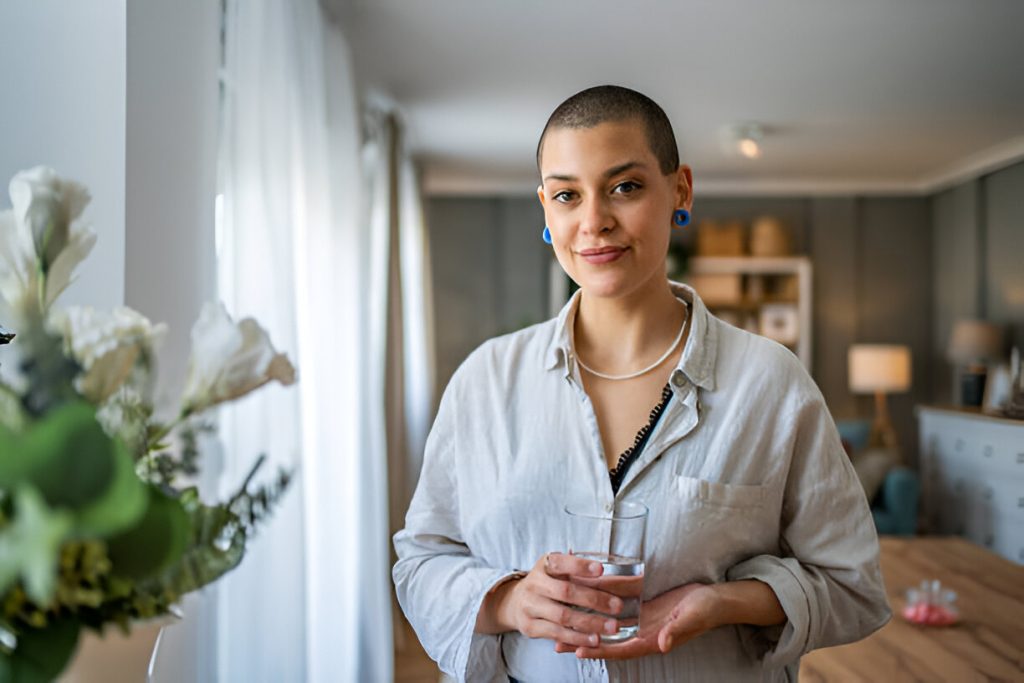 person with short hair stands indoors by a window, holding a glass of water, smiling. the room has light decor with plants and furniture in the background. managing hidradenitis suppurativa can be challenging, but moments like this highlight self-care and optimism.